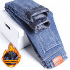 2025 Winter Fleece Jeans Men's Fashion Elastic Slim Straight Warm Trousers Thicken Business Casual Korean Thermal Denim Pants - Matrix Studios