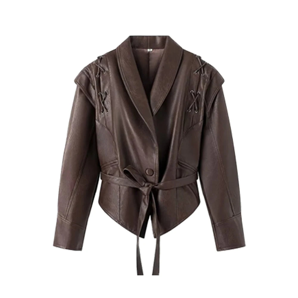 Suninheart Autumn and Winter Faux Leather Jackets for Women 2025 Dropped Shoulder Oversized Jacket Coat Belted Corset Jacket - Matrix Studios