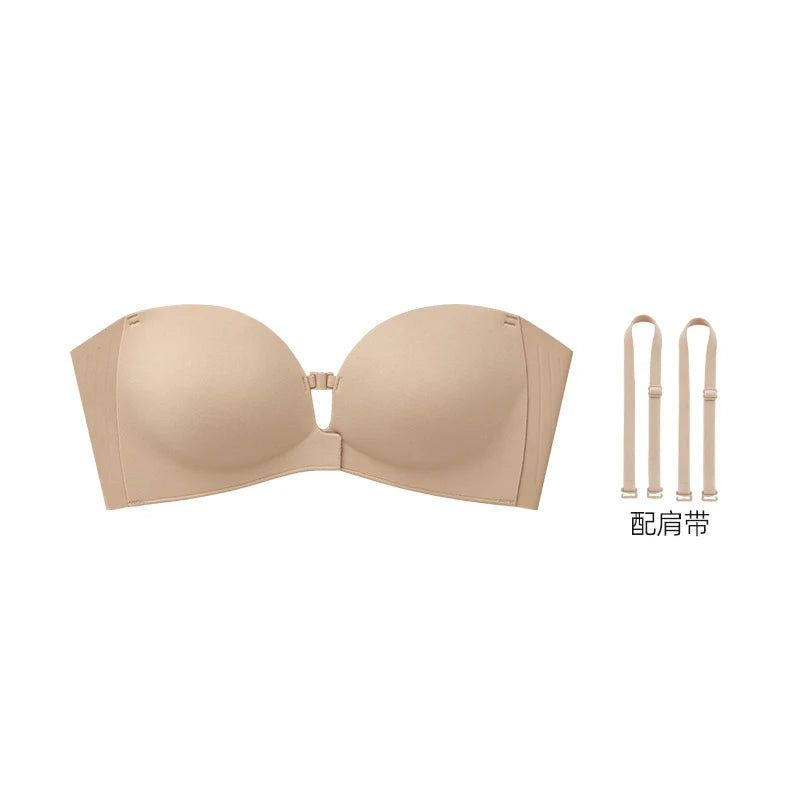 Front Closure Strapless Bras For Women Seamless Push Up Brassiere Thick Soft Underwear Solid Color Adjustable Invisible Lingerie - Matrix Studios