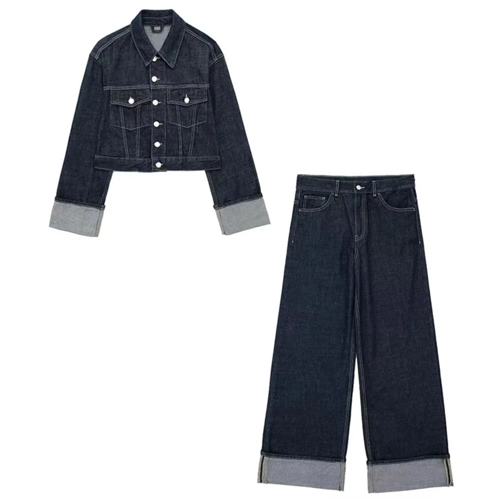 HH Women Fashion Denim Set Casual Lapel Long Sleeve Crop Jacket Buttons Female Vintage Wide Leg Loose Jeans Long Pants - Matrix-studios.com
