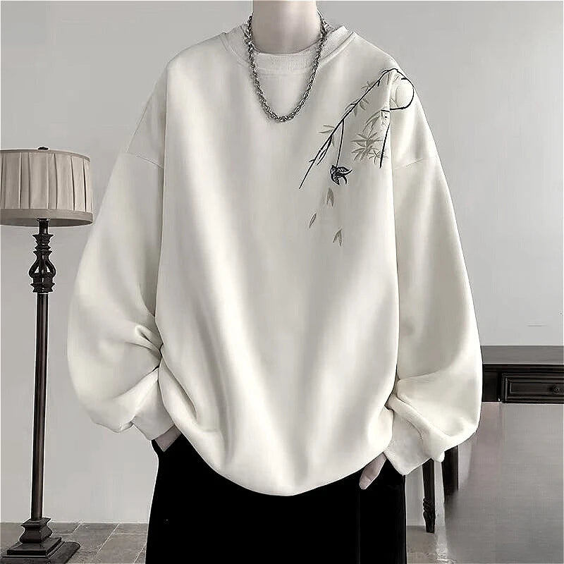 New Chinese Bird Print M-8XL Men Oversized Sweatshirt Fashion Loose Long Sleeve Couple Clothes - Matrix Studios