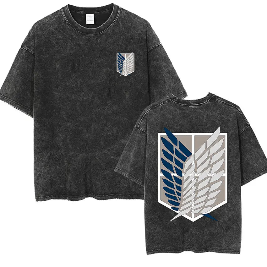 Anime Attack on Titan Vintage Washed Print T-shirt Mikasa Ackerman Eren Jaeger Wings of Freedom Logo Mens Summer Cotton T-shirts - Matrix Studios