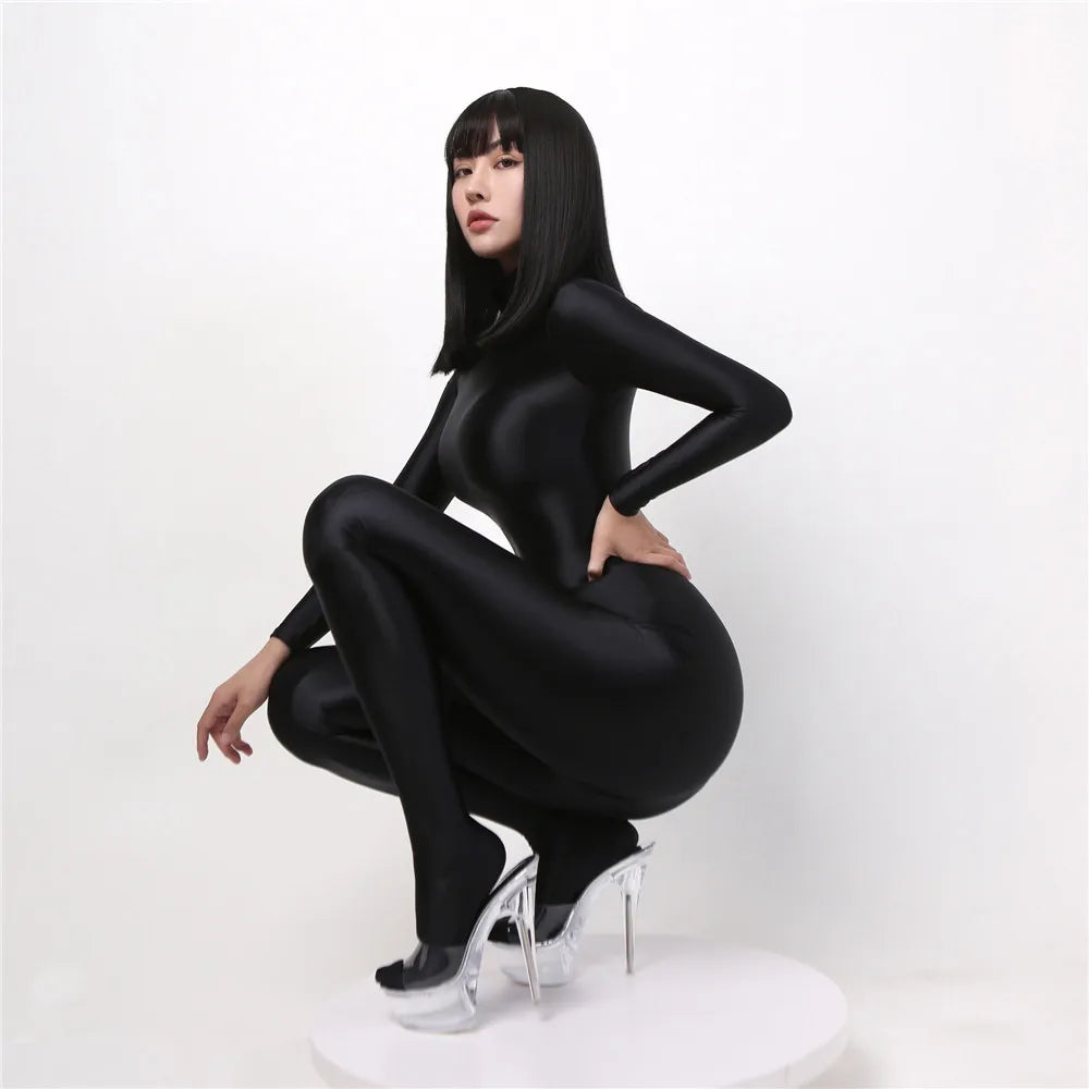 Women Oily Glossy Long Sleeve Elastic Bodysuit Bodycon Rompers One-piece Swimsuit Silky Tights Satin Pantyhose Jumpsuits Thong - Matrix Studios