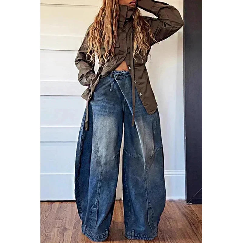 Y2K Women Loose Denim Jeans Asymmetric Button Pocket Washed Jean Casual Harajuku High Street Grunge Denim Trouders Pants - Matrix-studios.com