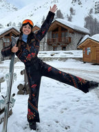 Flower Printed Women's Ski Jumpsuits Zippers Stand Collar Waist-closed Pocket Lady Rompers 2026 Autumn Winter Female Ski Wear - Matrix Studios