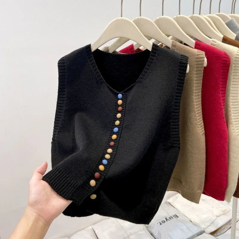 Sweater Vest Autumn Women Rainbow Single-breasted Button Soft Sweater Loose Knit Vest V-neck Knitwear Cardigan Lady Waistcoats - Matrix Studios