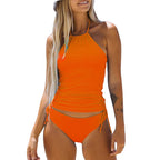 Women's Two Piece Suit Bathing Suit Solid Color Drawstring Side Halter Neck Tankini Set Black Bikinis Set Swimwears Beachwear - Matrix-studios.com