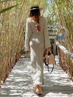 Solid Colour Beach Maxi Dress 2026 Women Summer Sexy Knit Flared Long Sleeve Slit Cut Out Swimsuit Cover Up Holiday Outfits K120 - Matrix Studios