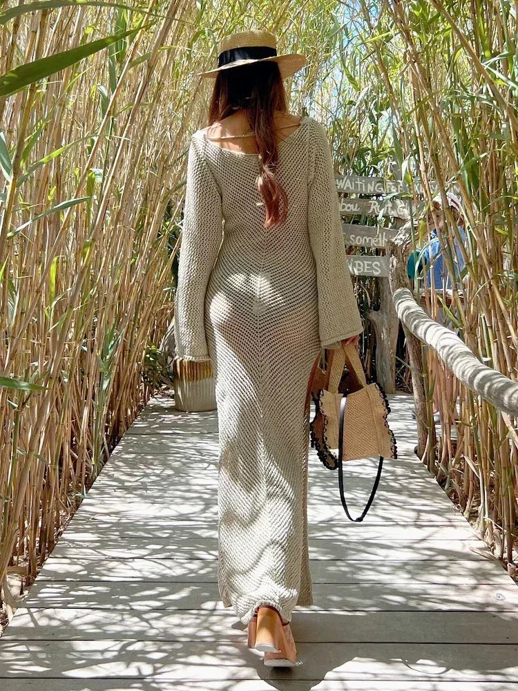 Solid Colour Beach Maxi Dress 2026 Women Summer Sexy Knit Flared Long Sleeve Slit Cut Out Swimsuit Cover Up Holiday Outfits K120 - Matrix Studios