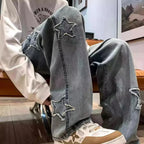 Star Embroidery Straight Casual Men Jeans Gothic Neutral New Wide Leg Loose Hip-hop Fashion Youth Streetwear Denim Trousers Y2K - Matrix Studios