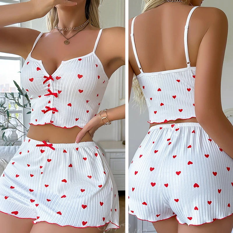 Sexy Sleepwear Women Pajamas Set Heart Print Silk Stain V-Neck Sleeveless Casual Cami Top and Shorts Sets Home Suit Loungewear - Matrix-studios.com