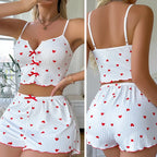 Sexy Sleepwear Women Pajamas Set Heart Print Silk Stain V-Neck Sleeveless Casual Cami Top and Shorts Sets Home Suit Loungewear - Matrix-studios.com