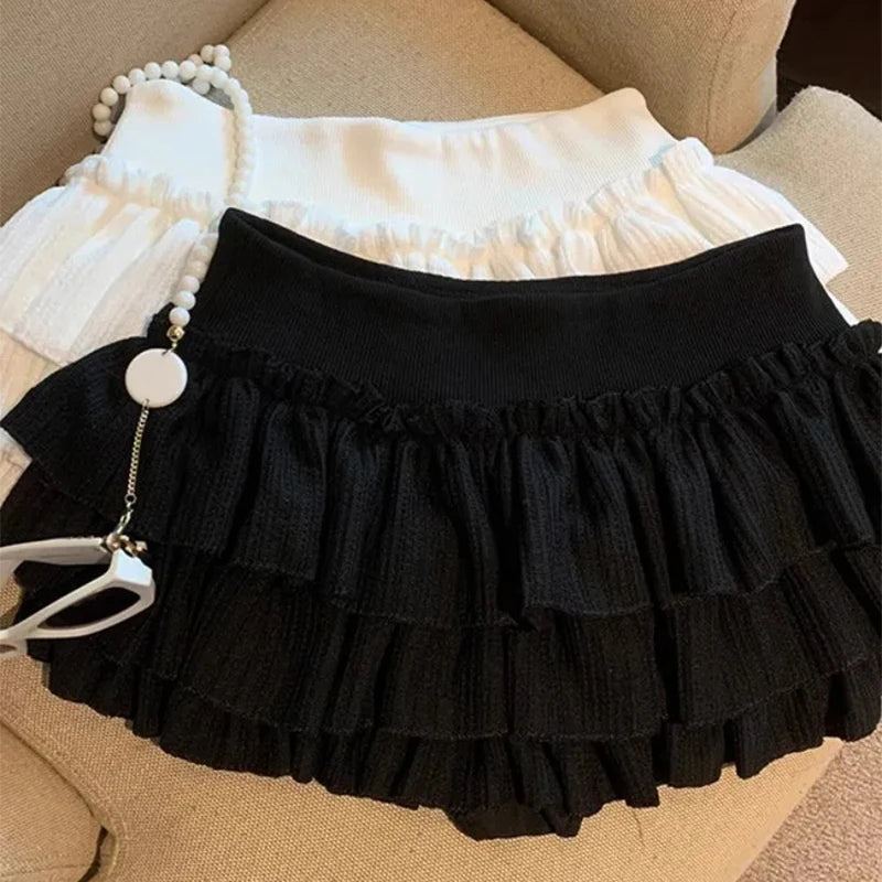 Sweet Puffy Cake Women Skirts Korean Fashion Ruched Ruffle Mini Skirt Campus Harajuku Casual Versatile Elastic Waist Solid Skirt - Matrix-studios.com