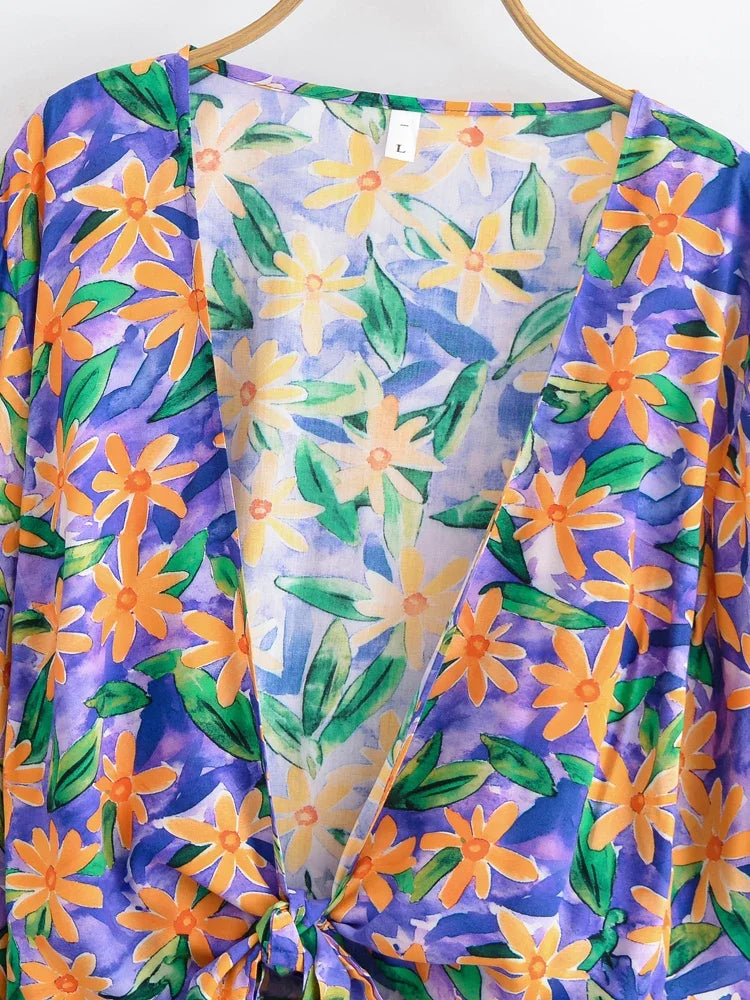 Boho Queens Sun Flower Beach Summer Short Kimono Women 2025 Ruffles Flare Sleeves Vacation Bohemian Bikini Cover-ups - Matrix Studios