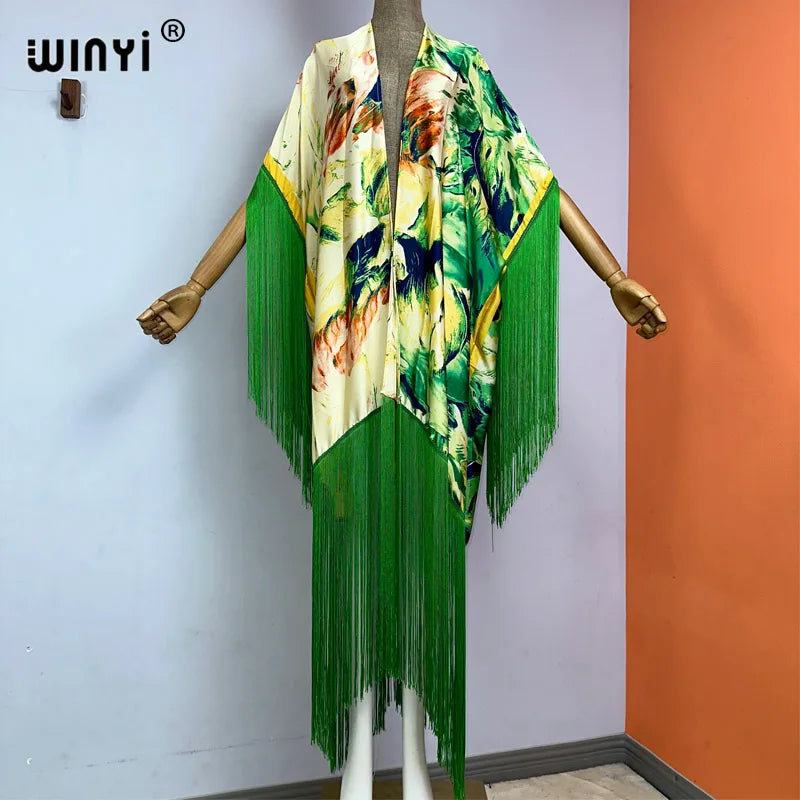 WINYI Kimono Cover-ups Summer Boho Print Bikini Cover-up Elegant Fashion Cardigan Sexy Holiday Long Sleeve Tassels Maxi Dress - Matrix Studios