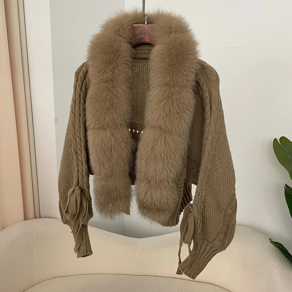 2024 Winter New Fashion Knitting Cardigan Placket Coat Women Casual Real Fox Fur Coat Short Warm Knitted Jacket with Natural Fur - Matrix Studios