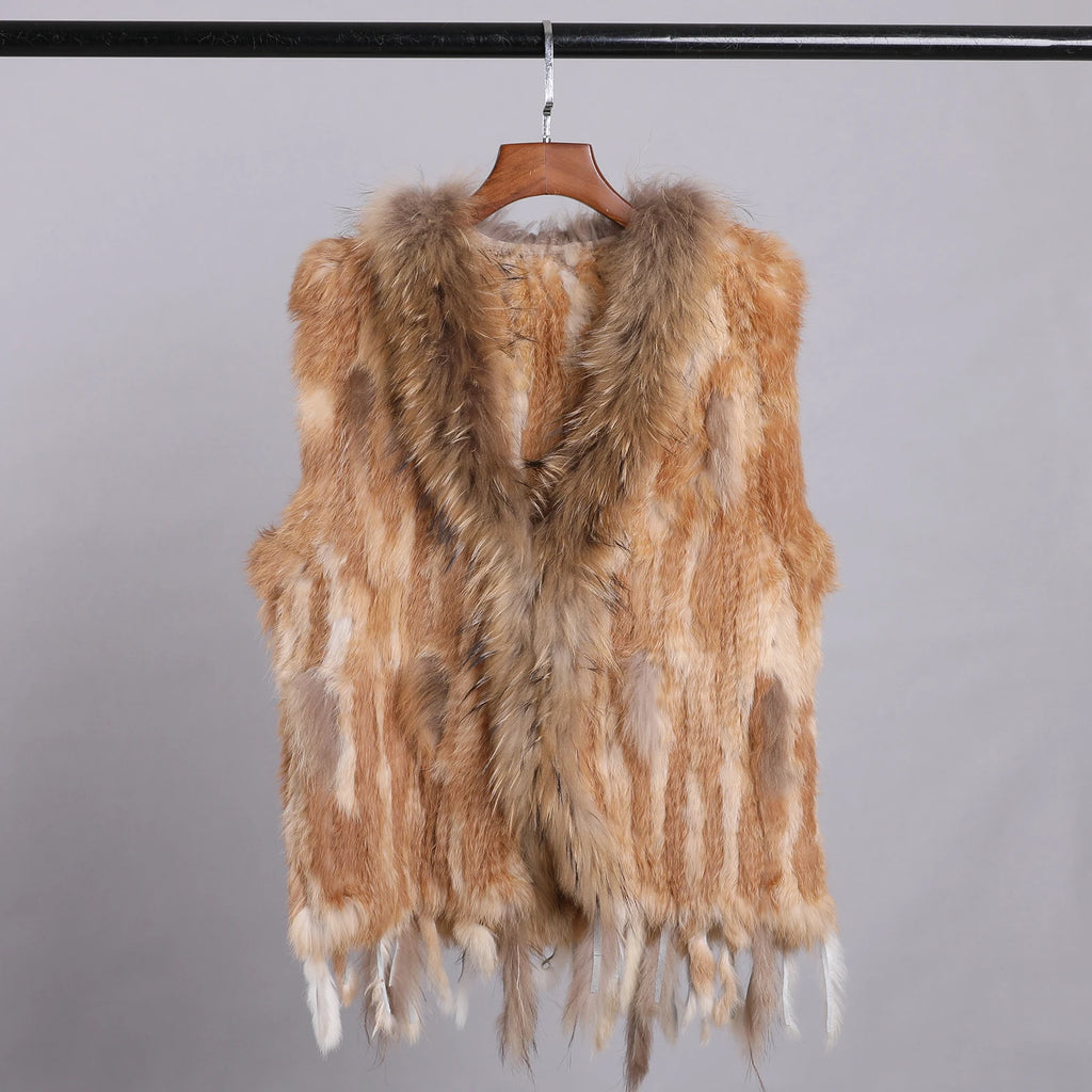BOONJOVIA Women's 100% Real Rabbit Fur Knitted Vest Raccoon Fur Trim Collar Gilet Lady Fashion Waistcoat For Autumn Winter - Matrix Studios