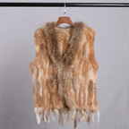BOONJOVIA Women's 100% Real Rabbit Fur Knitted Vest Raccoon Fur Trim Collar Gilet Lady Fashion Waistcoat For Autumn Winter - Matrix Studios