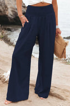 Women's casual pants with drawstring, mid waist, beach wide leg, spring and summer, European and American pants