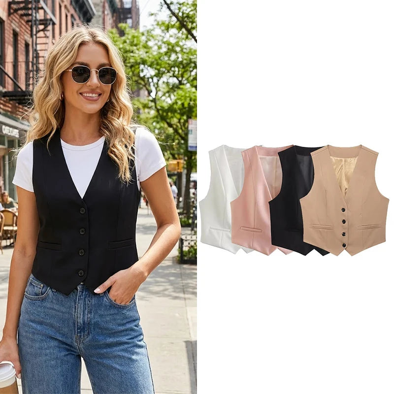 Willshela Women Fashion Solid Single Breasted Waistcoats Vest Vintage Sleeveless Jackets Female Chic Lady Tank Tops - Matrix Studios