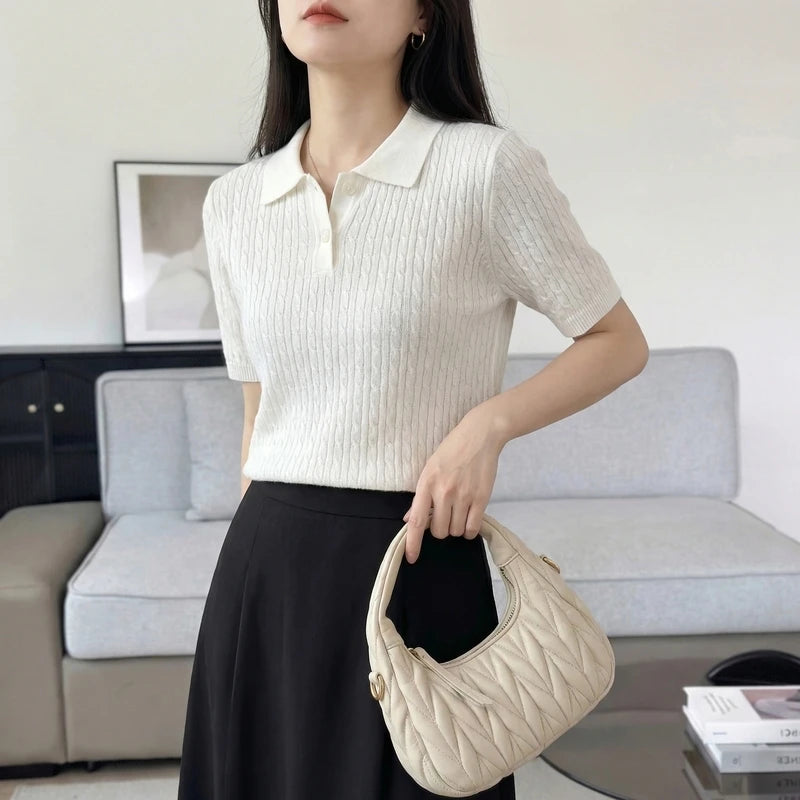 WinvyNee Women's Clothing 100% Cotton Twist Polo Two Button Short Sleeve T-Shirt Cool Spring Summer Slim Fit Basic Top ZA1002027 - Matrix-studios.com