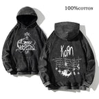 Korn Rock Band World Tour Hoodies Vintage Washed Men's Sweatshirts Cotton Hip Hop Streetwear Hooded Pullover Loose Y2K Tops - Matrix Studios