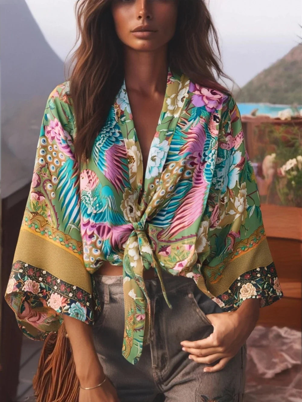 Happie Queens Floral Print Sashes Short  Kimono Women Fashion V Neck Batwing Sleeves Robe Lady Boho Bikini Cover-ups - Matrix Studios