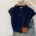 AOSSVIAO Fashion Solid Color Short Sleeve Knit Top 2026 New Summer Navy Polo Collar Women T-Shirt Unique Chic Casual Tee - Matrix-studios.com