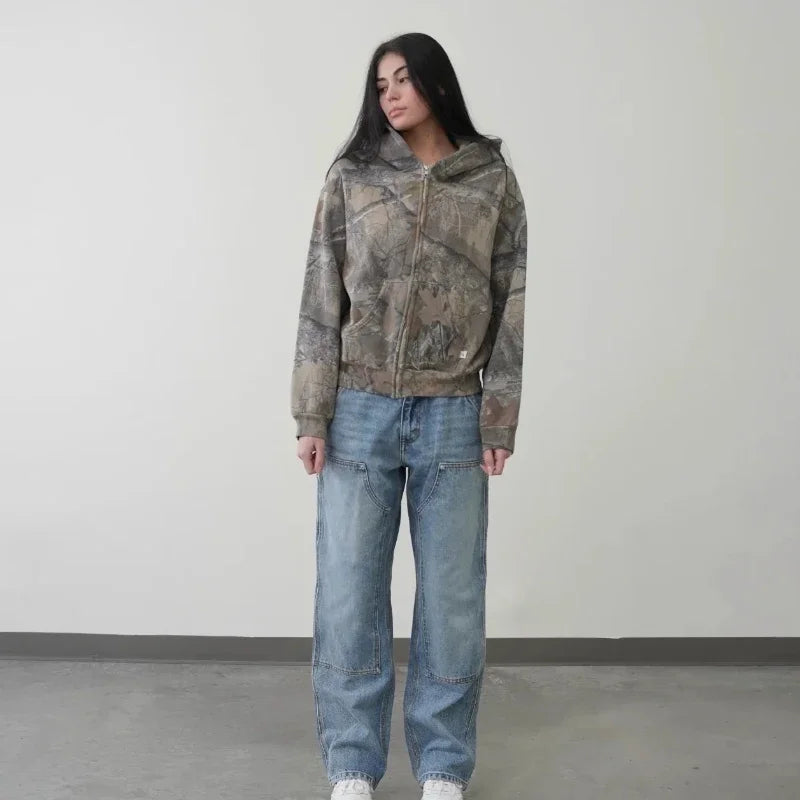 Y2K Retro Zip Up Hoodie Men Camouflage Pattern Zipper Sweatshirt High Street Hip Hop Streetwear Oversized Unisex Camo Hoodie - Matrix Studios