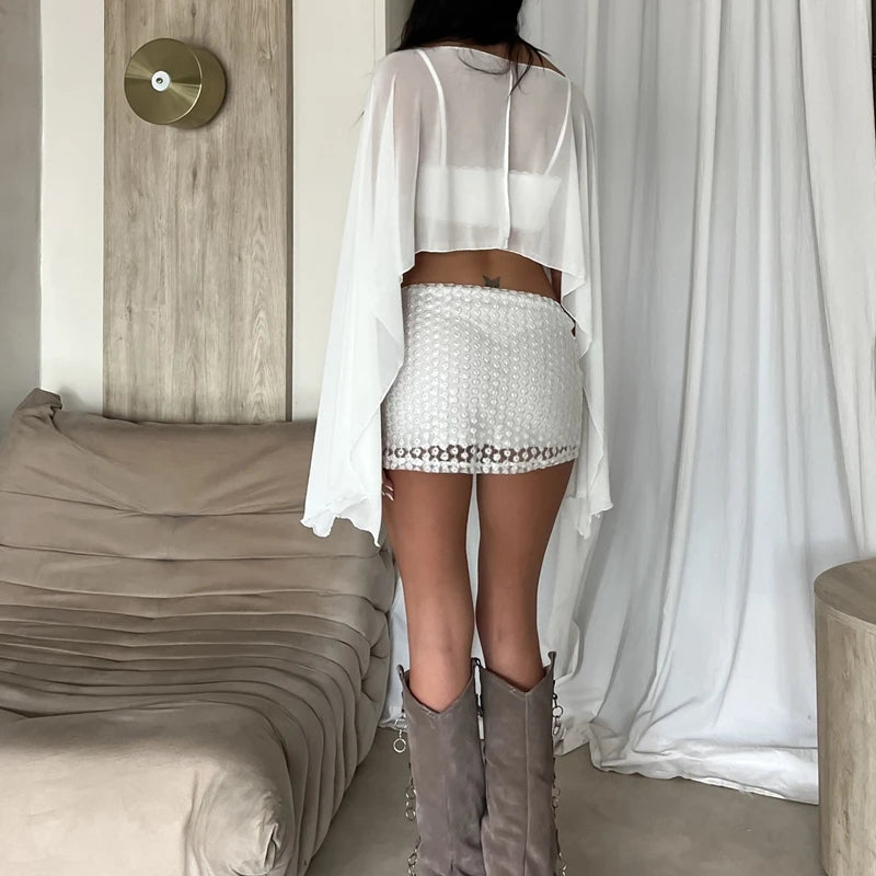 Women Chiffon Poncho Top Mesh Sheer See Through Shawl Wraps Capes Batwing Sleeve Irregular Hem Y2k Blouse Cover Up Wedding Party - Matrix Studios