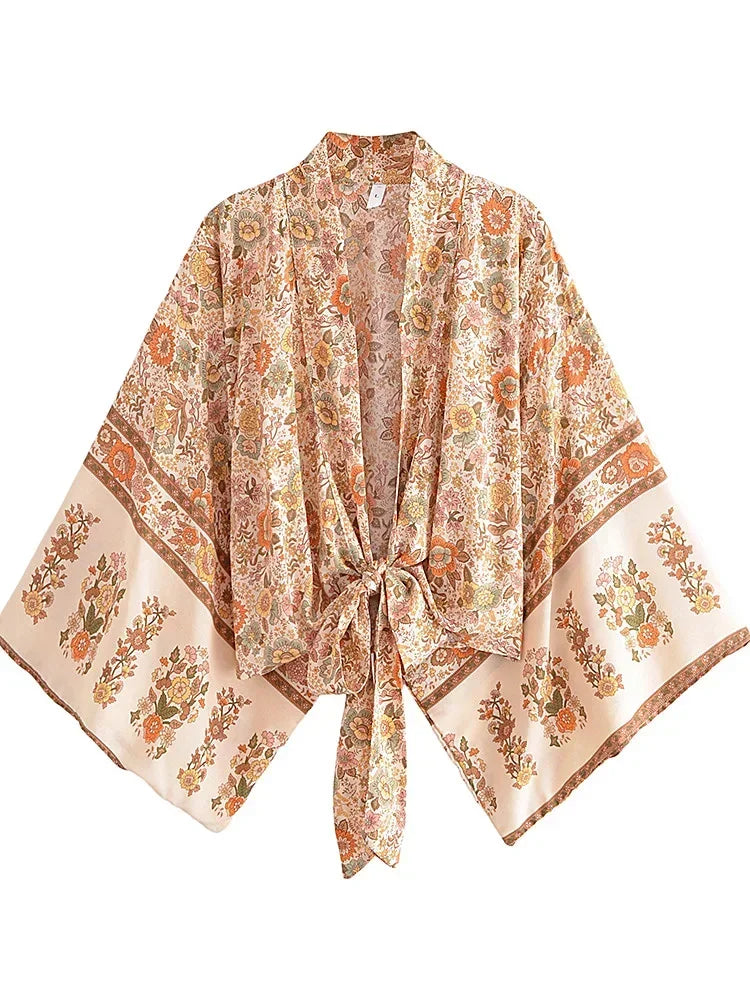 Boho Queens Kimono Cardigan Floral Short Robe Swimsuits Women Fashion Batwing Sleeves Rayon Bohemian Bikini Cover Ups Beachwear - Matrix Studios