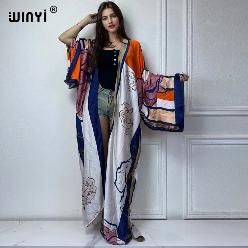 WINYI 2022 africa Boho Printed Long Kimono Dress Bikini Wrap Cover-ups Women Summer Clothes Beach Wear Swim Suit Cover Up kaftan - Matrix Studios
