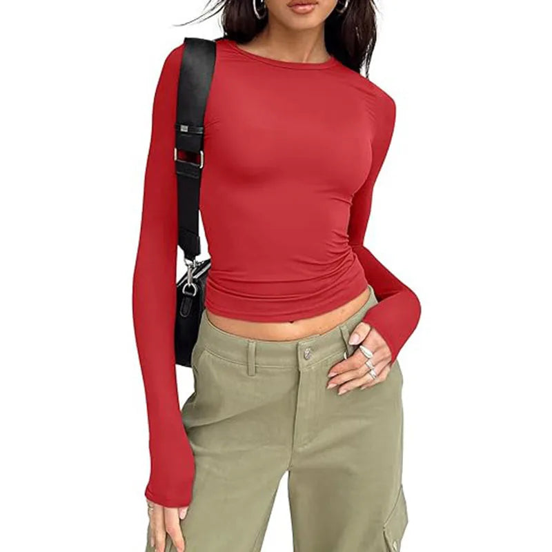 1pcs Four Seasons Fashion Senior Women T-shirt Long Sleeve Crew Neck Solid Slim Fit Tee Ladies Crop Top  Daily Streetwear Camis - Matrix-studios.com