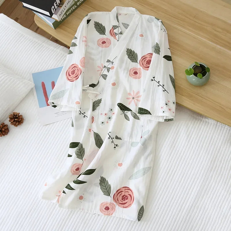 Japanese-style Kimono Pajamas Summer New 100% Cotton Gauze Pajamas Nightgown Ladies SPA Yukata Homewear Long Pajamas Women - Matrix-studios.com