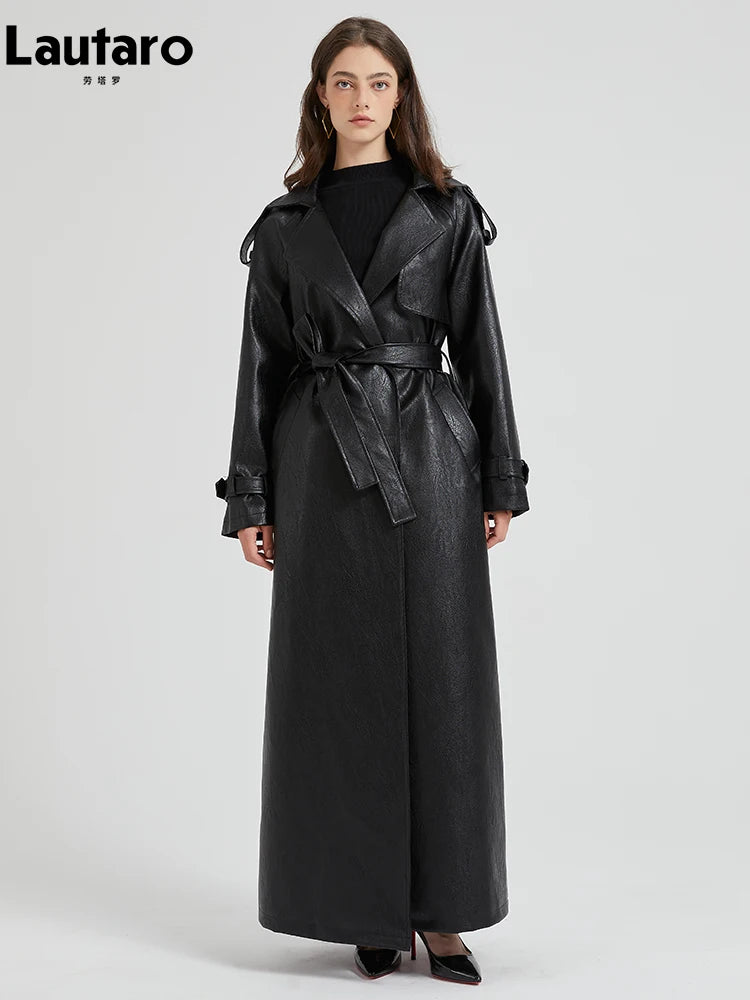 Lautaro Spring Autumn Extra Long Brown Pu Leather Trench Coat for Women Sashes Luxury Chic Overcoat Runway European Fashion 2024 - Matrix Studios