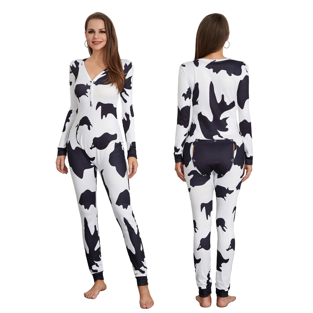 Women Buttoned Flap Jumpsuits Sleepwear Cow Printed Long Sleeve V Neck Bodycon Romper Spring Fall Loungewear - Matrix Studios