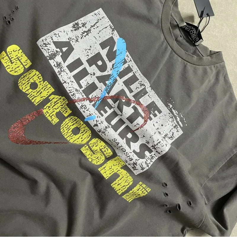 Vinatge Washed Distressed Hole SATOSHI Tshirt Crack Fading Print Short Sleeve Hiphop Streetwear Cotton Round Neck Tops Men Women - Matrix-studios.com