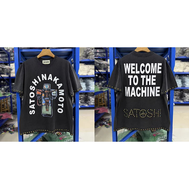 American Trend Brand SATOSHI Classic Vintage Print T-shirt New High Street Fashion Style Short-sleeved for Both Men and Women - Matrix-studios.com