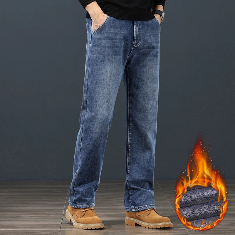 Winter Fleece Men Jeans Classic Loose Straight Warm Thicken Trousers Business Casual Velvet Elastic Denim Pants Plus Size 42 44 - Matrix Studios