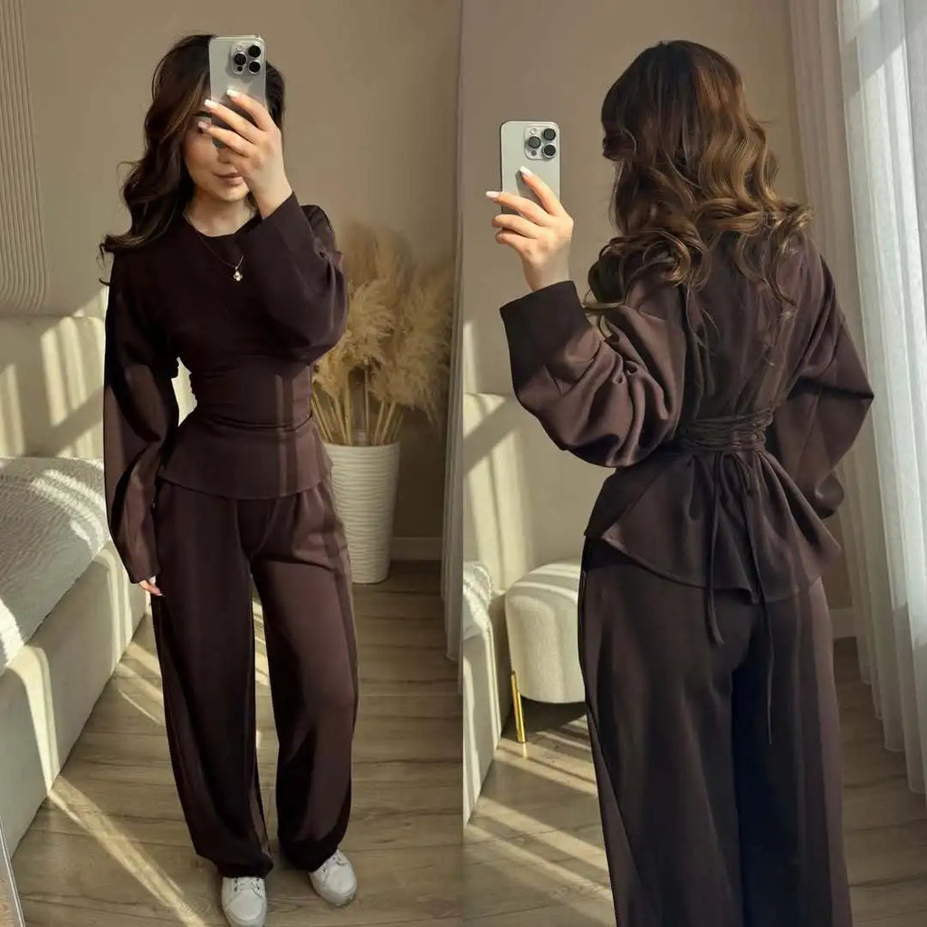 Zekye Women's Matching Sets Crew Neck Long Sleeve Simple Top Slim Trend Wide Leg Pants Set Women's Tracksuit 2026 Femme - Matrix-studios.com
