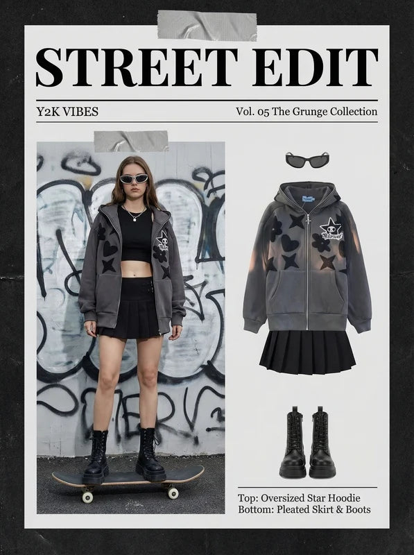 Women Retro Embroidery Hoodies Autumn Winter Zip Up Long Sleeve Loose Jacket Coats Y2k Harajuku Casual P - Matrix Studios