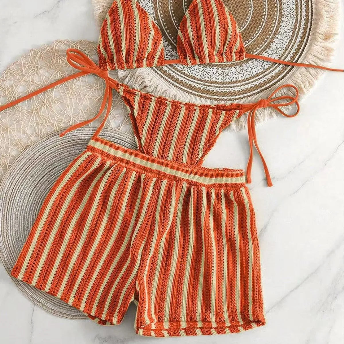 2026 new style boxer shorts mesh three-piece women's swimsuit neck lace-up bikini set - Matrix-studios.com