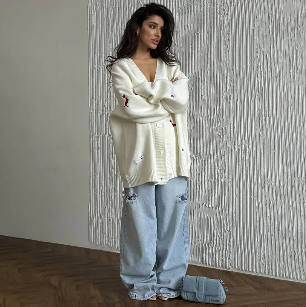 Zekye Cross-border Dachshund Embroidered Sweater Coat For Women Super Loose Soft Lazy Fashionable Knitted Cardigan Outerwear - Matrix Studios