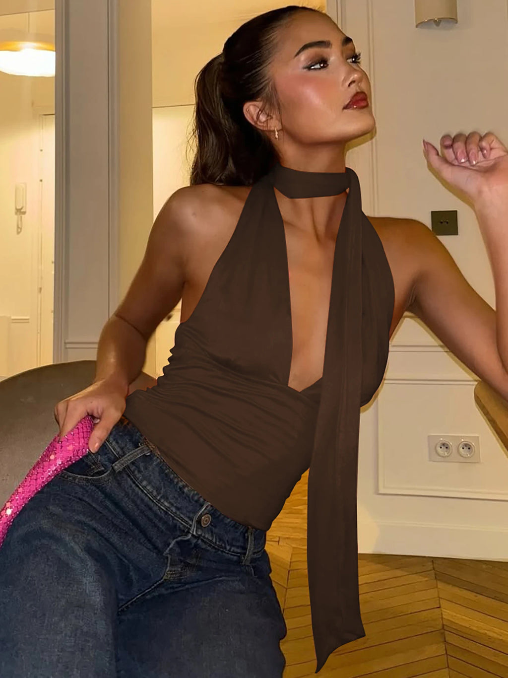Dulzura V-Neck Sleeveless Halter Backless Bodycon Corp Top Solid Sexy Elegant Y2K Top Party Clubwear Street Summer Vest - Matrix-studios.com