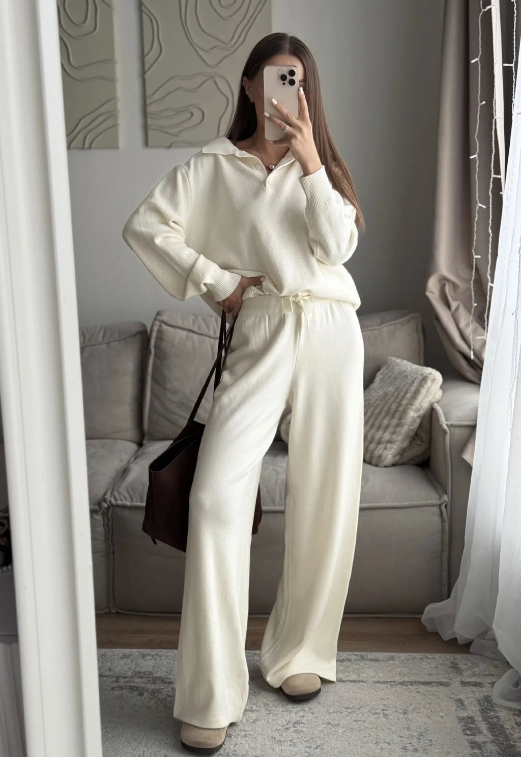 Hirsionsan Winter Thick Women Knitted Suits Soft 2 Pieces soft Female Sets Polo Neck Sweater & Wide Leg Pants Knitted Outfit - Matrix-studios.com