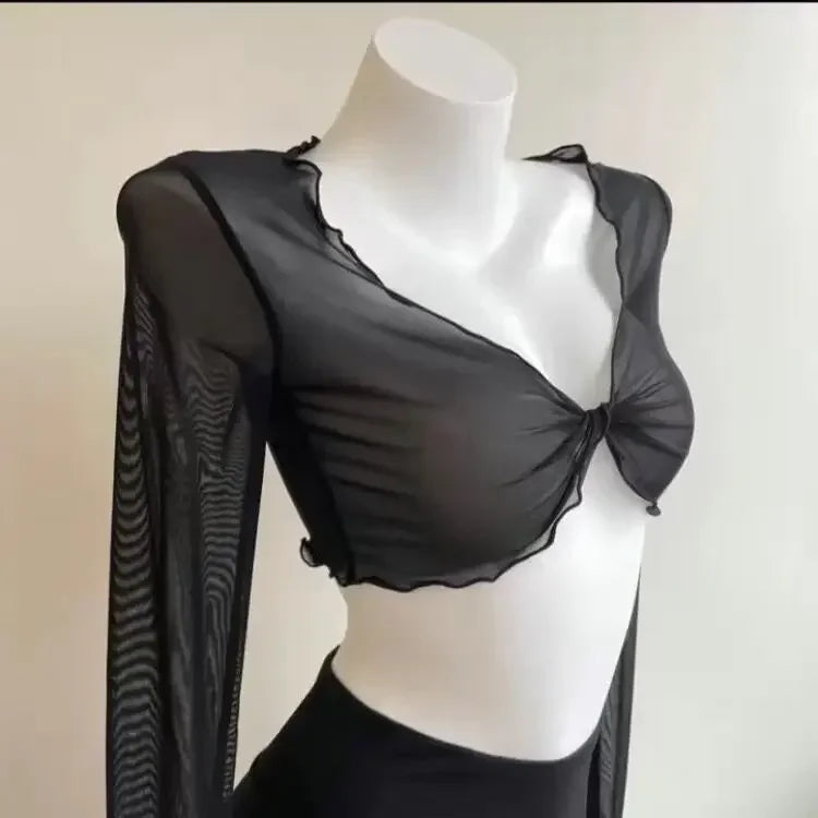 Fashion Elegant Women Sexy See Through Solid Cardigans Long Sleeve Mesh Vintage Lace Up Crop Tops Streetwear Short Cardigans - Matrix Studios