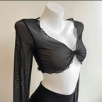 Fashion Elegant Women Sexy See Through Solid Cardigans Long Sleeve Mesh Vintage Lace Up Crop Tops Streetwear Short Cardigans - Matrix Studios