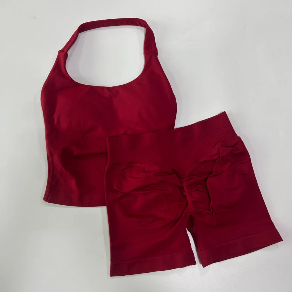 No Logo 2 Pieces Gym Set Women Backless Halter Tops High Waist Seamless Shorts Gym Suit Fitness Clothes Sportswear Workout Sets - Matrix-studios.com