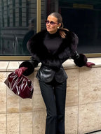 Black Faux Fur Collar Leather Jacket Elegant Lapel V-neck Waist Cinching Long-sleeved Short Coats Lady Winter Commute Coat 2026 - Matrix Studios