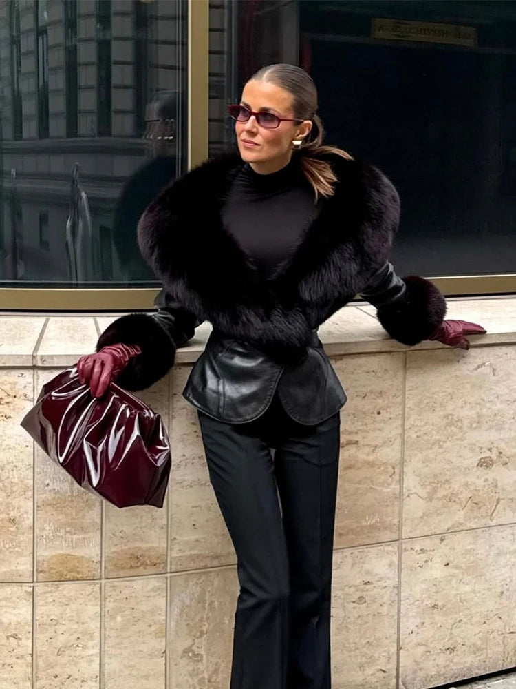 Black Faux Fur Collar Leather Jacket Elegant Lapel V-neck Waist Cinching Long-sleeved Short Coats Lady Winter Commute Coat 2026 - Matrix Studios